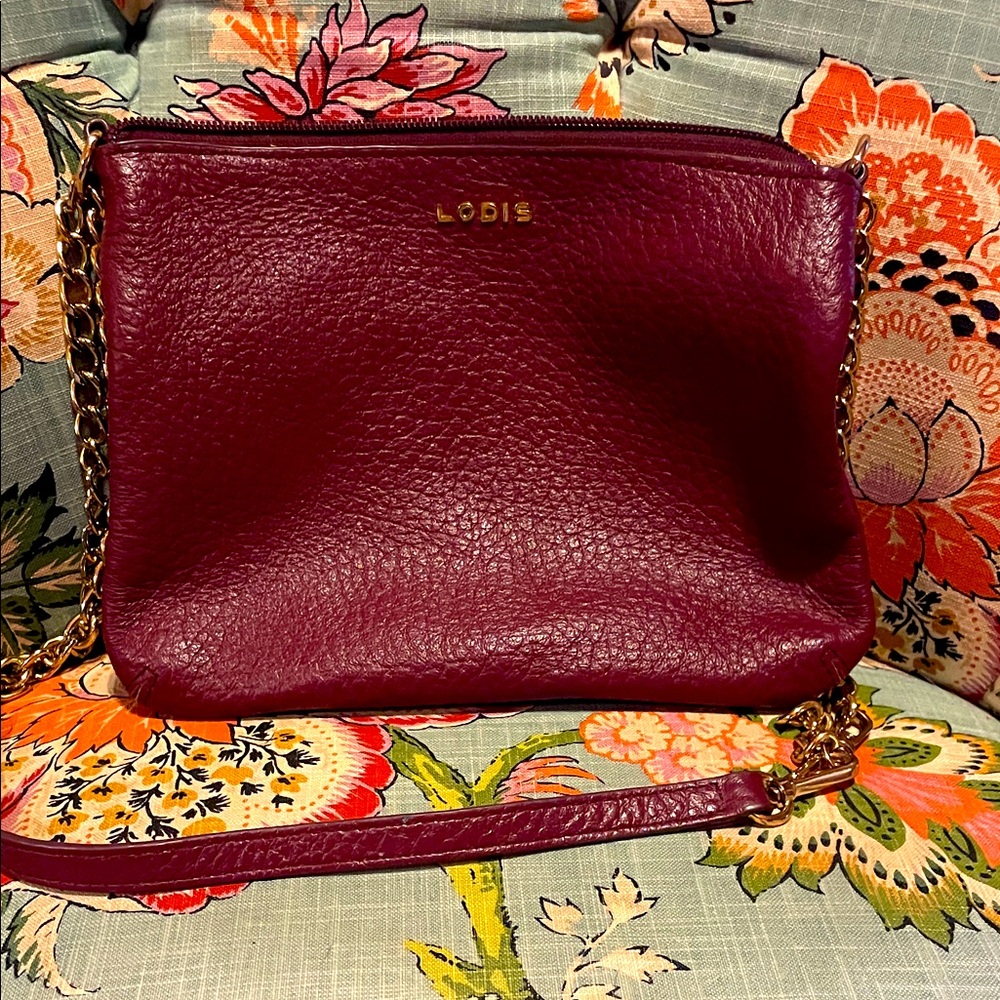 Lodis Wine Soft Leather Crossbody with Gold Chain